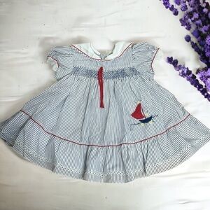 Vintage Sailboat Nautical Dress Sz 2 Toddler Girls Smocked Blue Red Collared